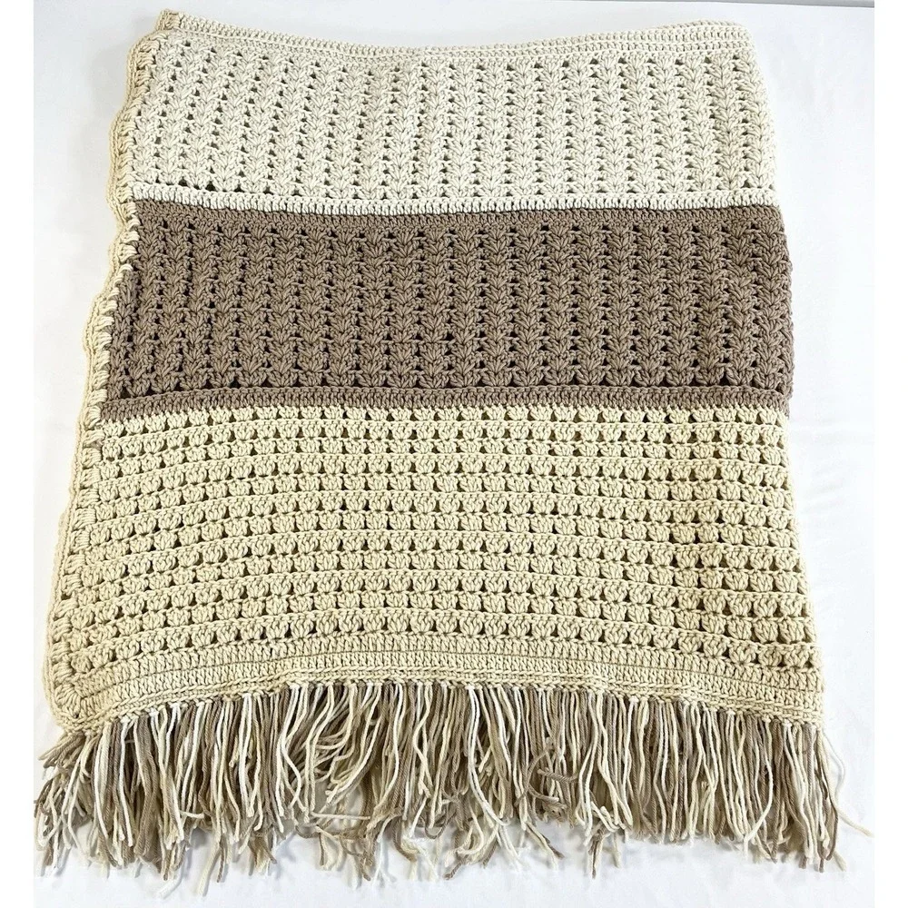 Vintage Waffle Stitch Crochet Afghan Blanket Fringed Throw Large‎ Tan Cream Boho